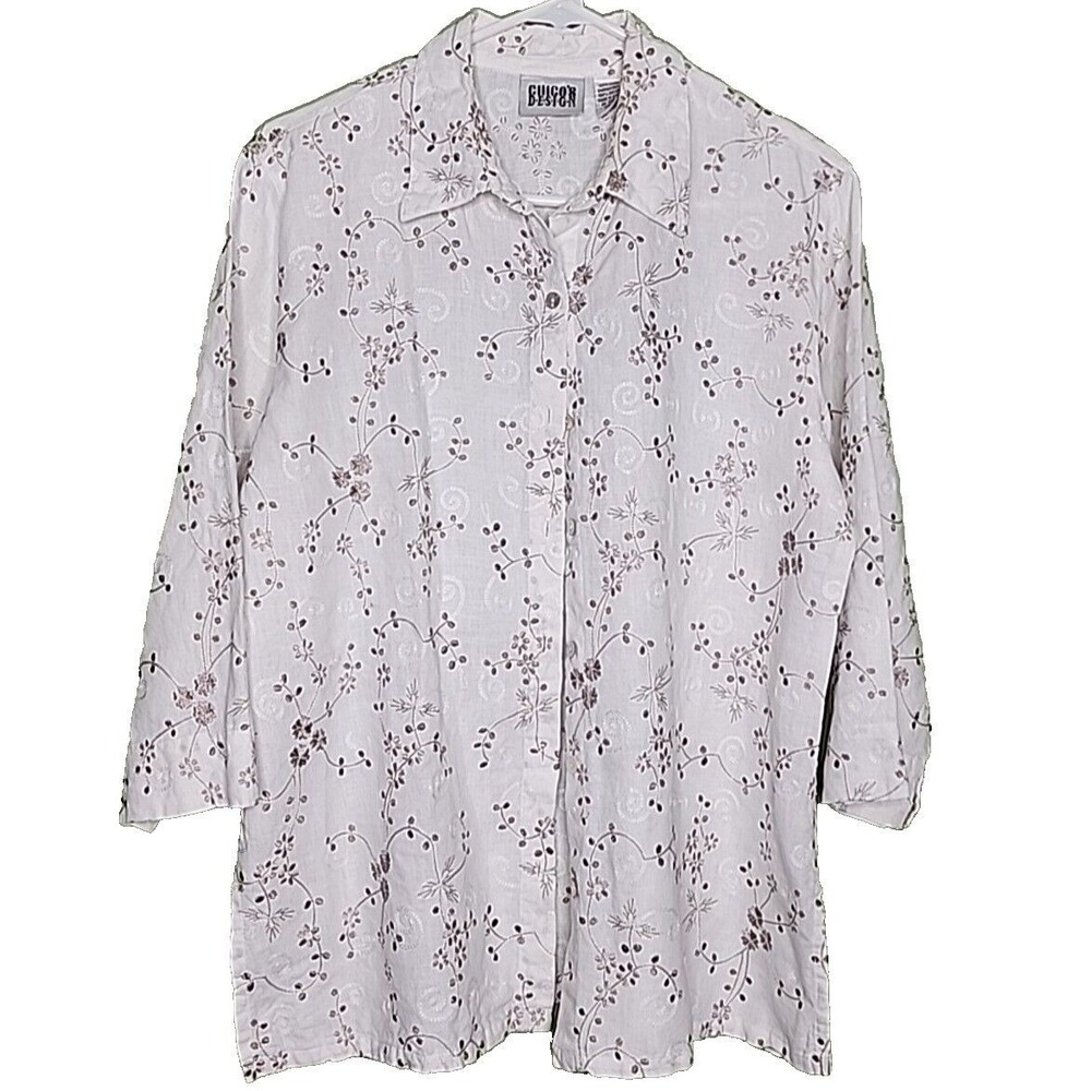 Vintage Chicos Button Up Shirt L White‎ Beige Linen Floral Embroidered Collared